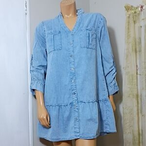 Mazik Women's Light Blue Button‎ Down Shirt Dress Size S